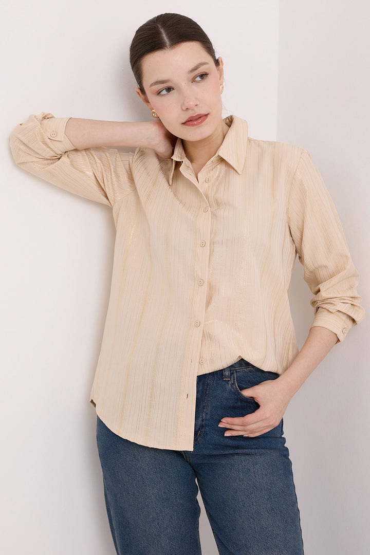 BGD Women Woman Beige Leaf Patterned Shirt 20253 - Avondale