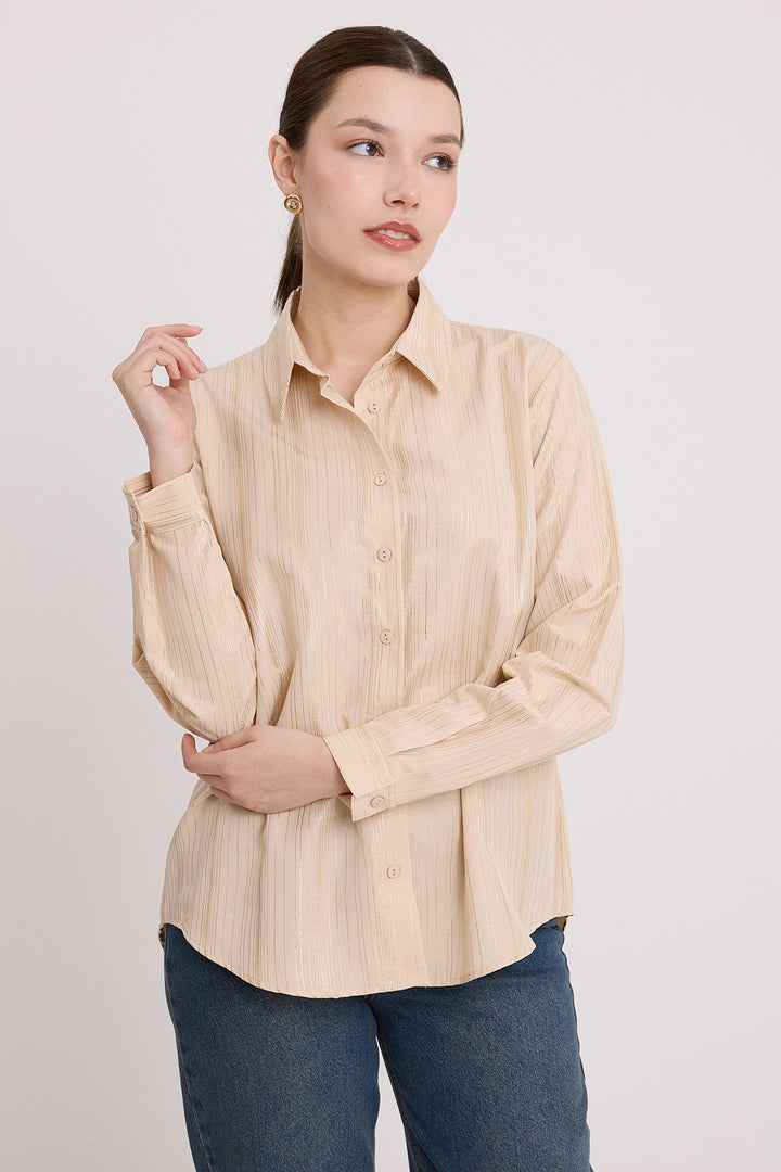 BGD Women Woman Beige Leaf Patterned Shirt 20253 - Avondale