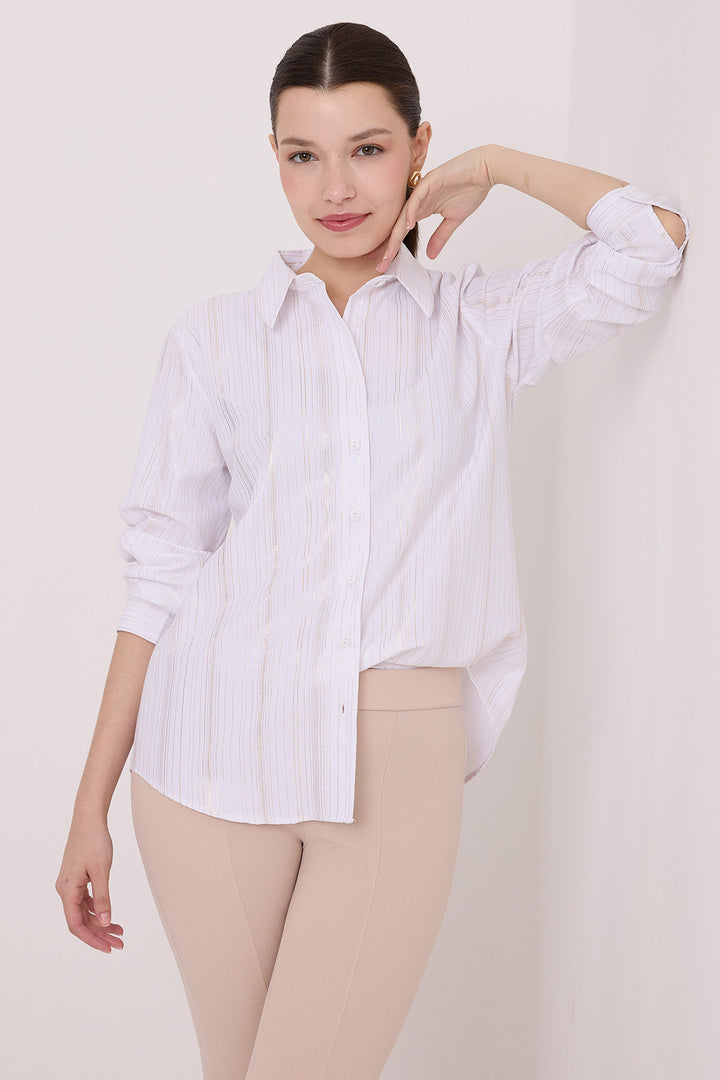 BGD Women Woman White Silver Leaf Patterned Shirt 20253 - Avondale