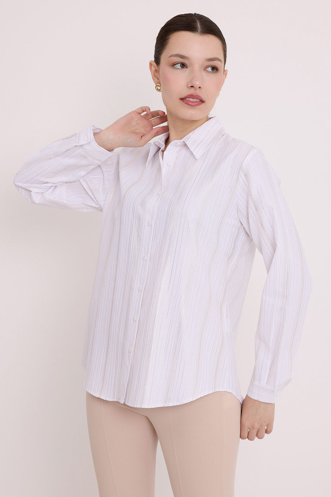 BGD Women Woman White Silver Leaf Patterned Shirt 20253 - Avondale