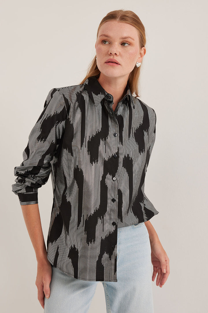 BGD Women Woman Black Silver Leaf Patterned Shirt 20253 - Avondale