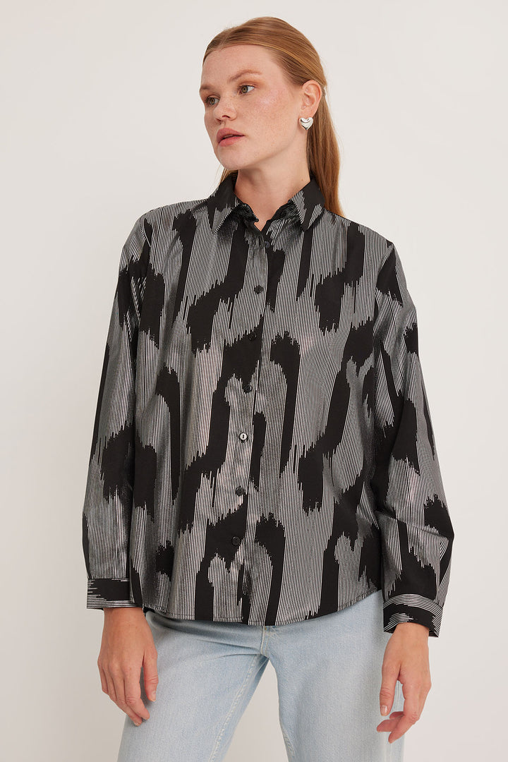 BGD Women Woman Black Silver Leaf Patterned Shirt 20253 - Avondale