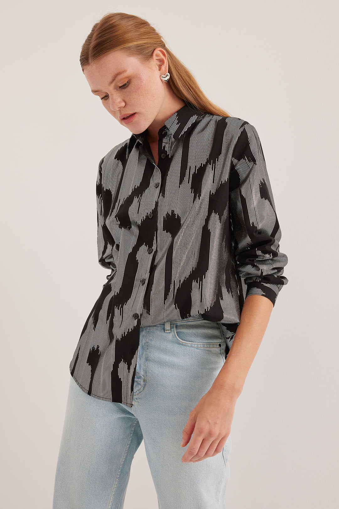 BGD Women Woman Black Silver Leaf Patterned Shirt 20253 - Avondale