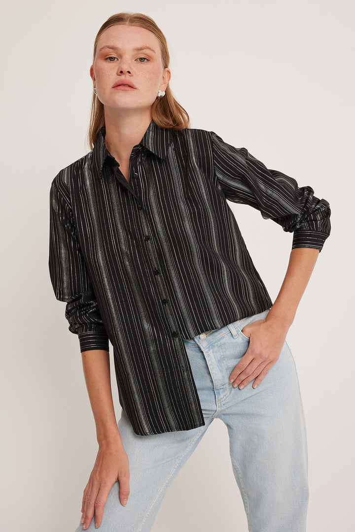 BGD Women Woman Black Striped Foil Patterned Shirt 20253 - Avondale