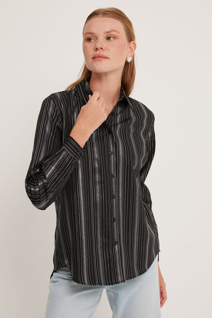 BGD Women Woman Black Striped Foil Patterned Shirt 20253 - Avondale