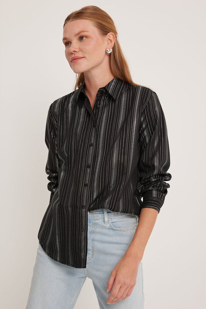 BGD Women Woman Black Striped Foil Patterned Shirt 20253 - Avondale