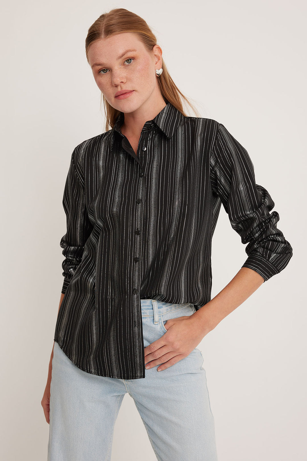 BGD Women Woman Black Striped Foil Patterned Shirt 20253 - Avondale