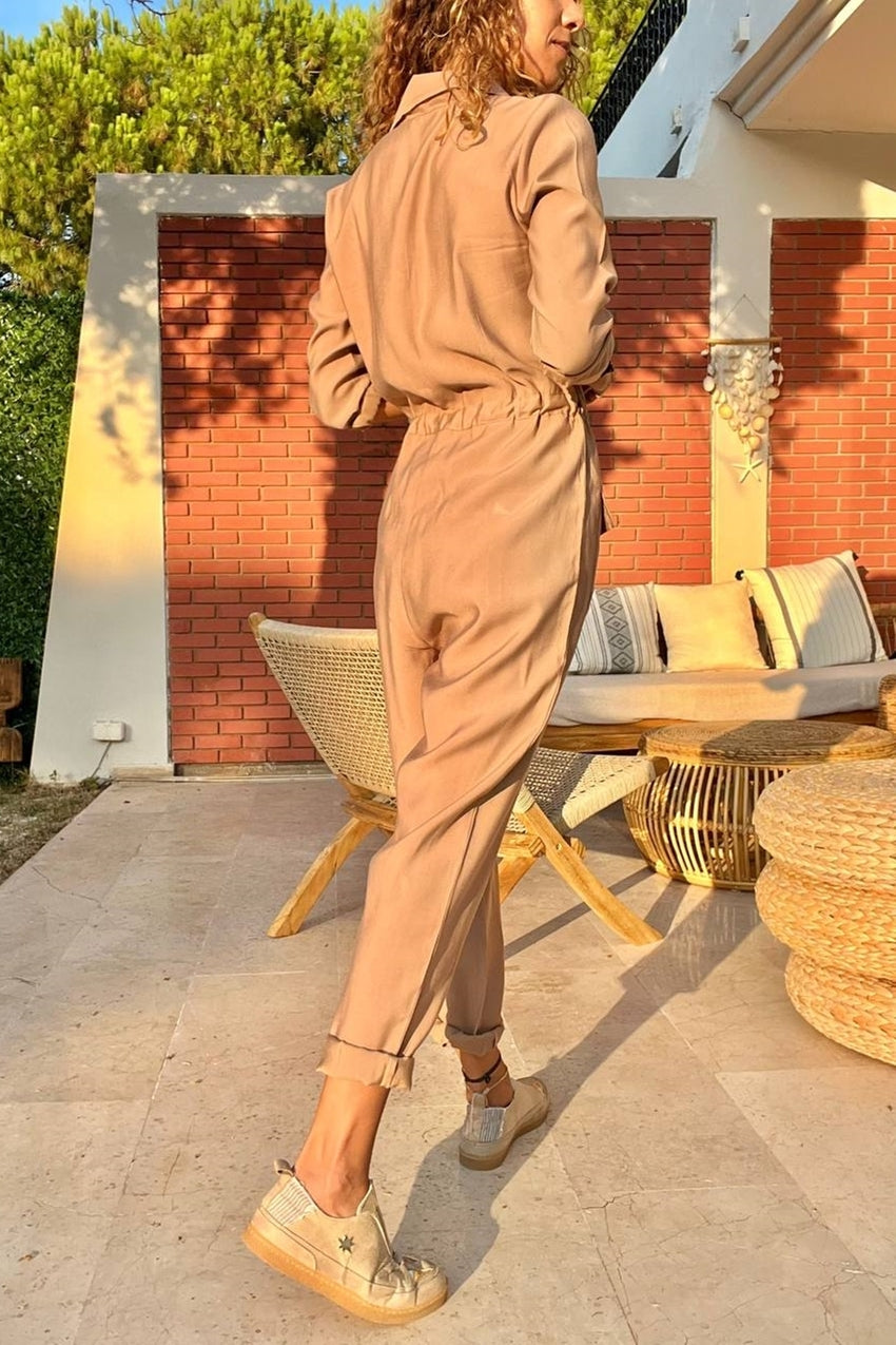 GNS Women's Mink Airy Pocketed Belted Safari Jumpsuit Bst3164 - Blaine