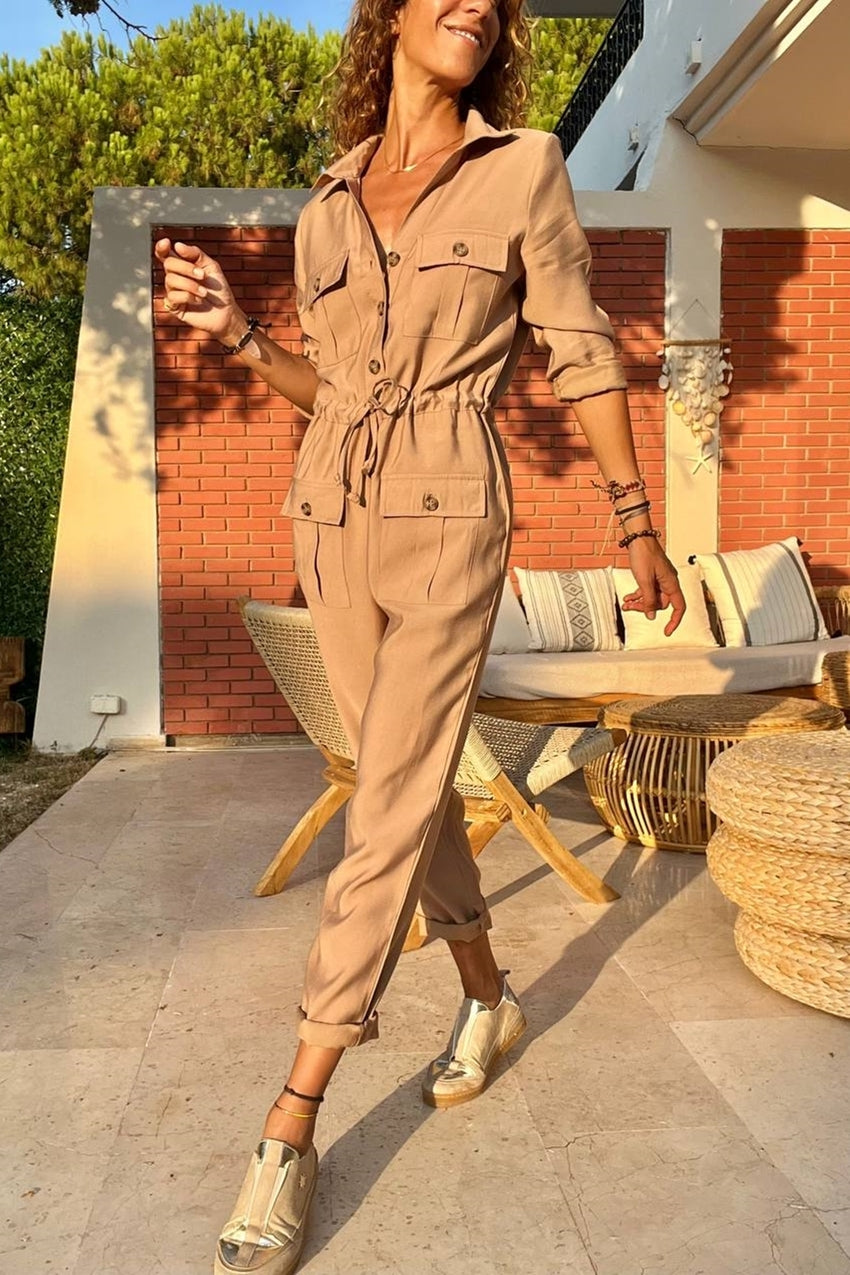 GNS Women's Mink Airy Pocketed Belted Safari Jumpsuit Bst3164 - Blaine