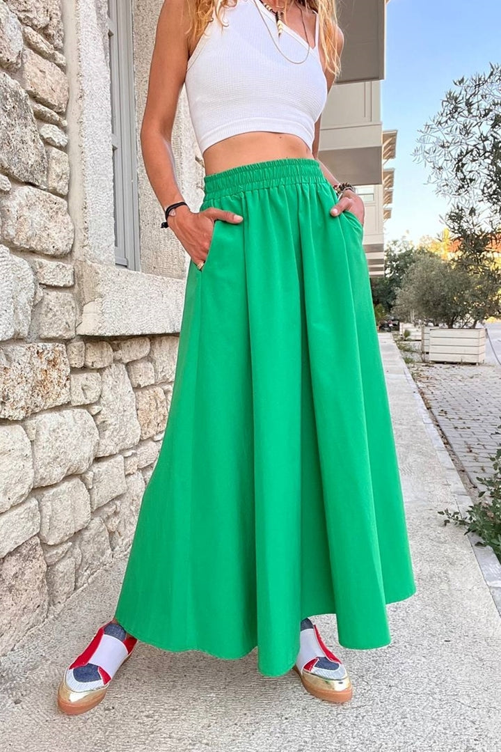 GNS Woman Green High Waist Elastic Pocket Poplin Kilos Long Skirt BST-3623 Green - Parkland