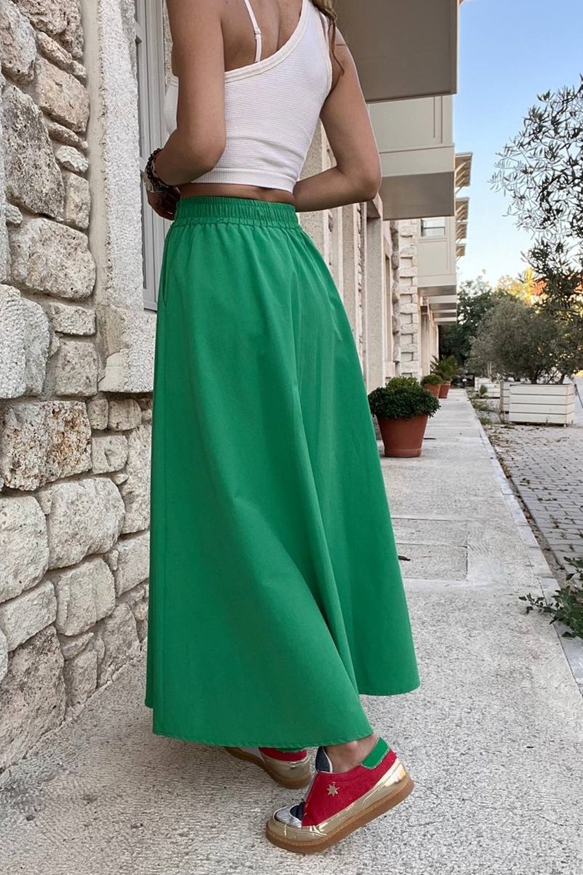 GNS Woman Green High Waist Elastic Pocket Poplin Kilos Long Skirt BST-3623 Green - Parkland