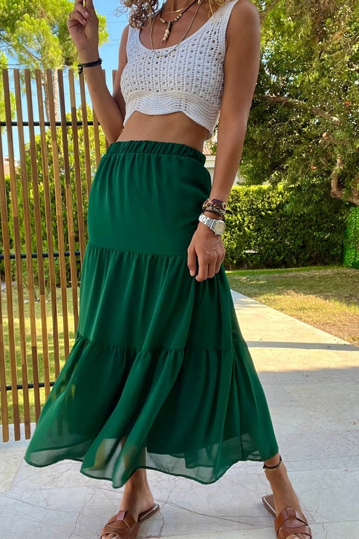 GNS Woman Green High Waist Elastic Ruffled Chiffon Lined Flared Skirt BST3642 - Jupiter