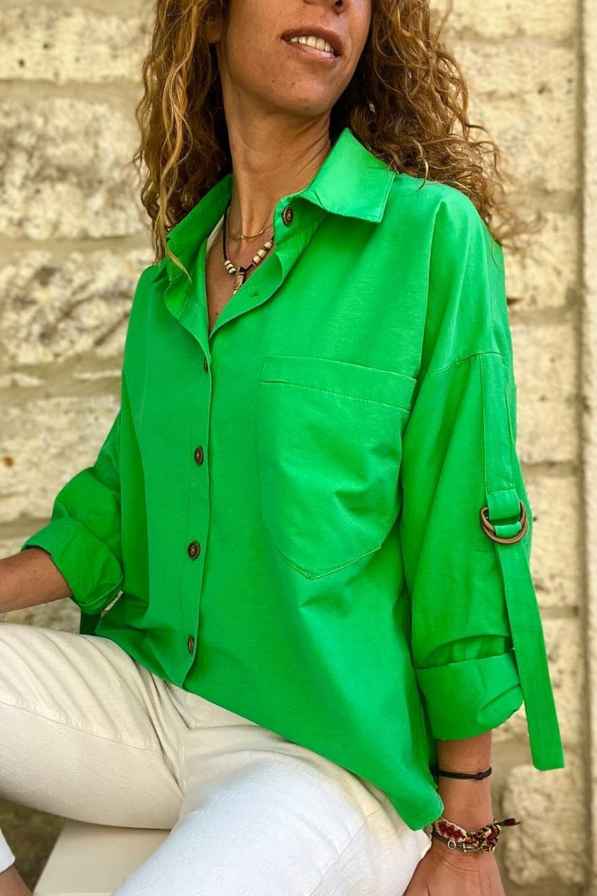 GNS Women's Green Collar Epaulet Pocket Poplin Loose Shirt BST700-3557 - Yasynuvata