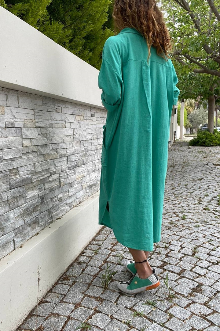 GNS Woman Emerald Green Pashed Linen Pompled Pocket Pocket Dress GK -RSD2083 - Хатчинсон