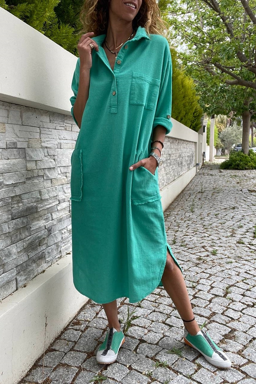 GNS Woman Emerald Green Pashed Linen Pompled Pocket Pocket Dress GK -RSD2083 - Хатчинсон