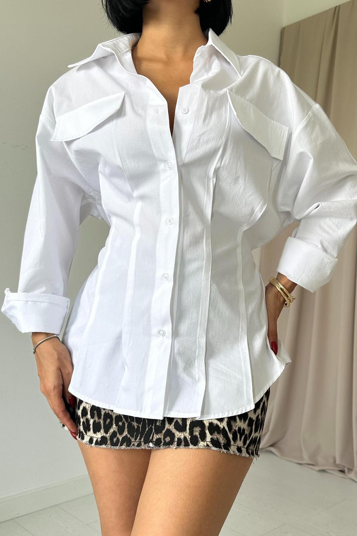 ELS Pleated Blouse with Collar - White - Kirkland