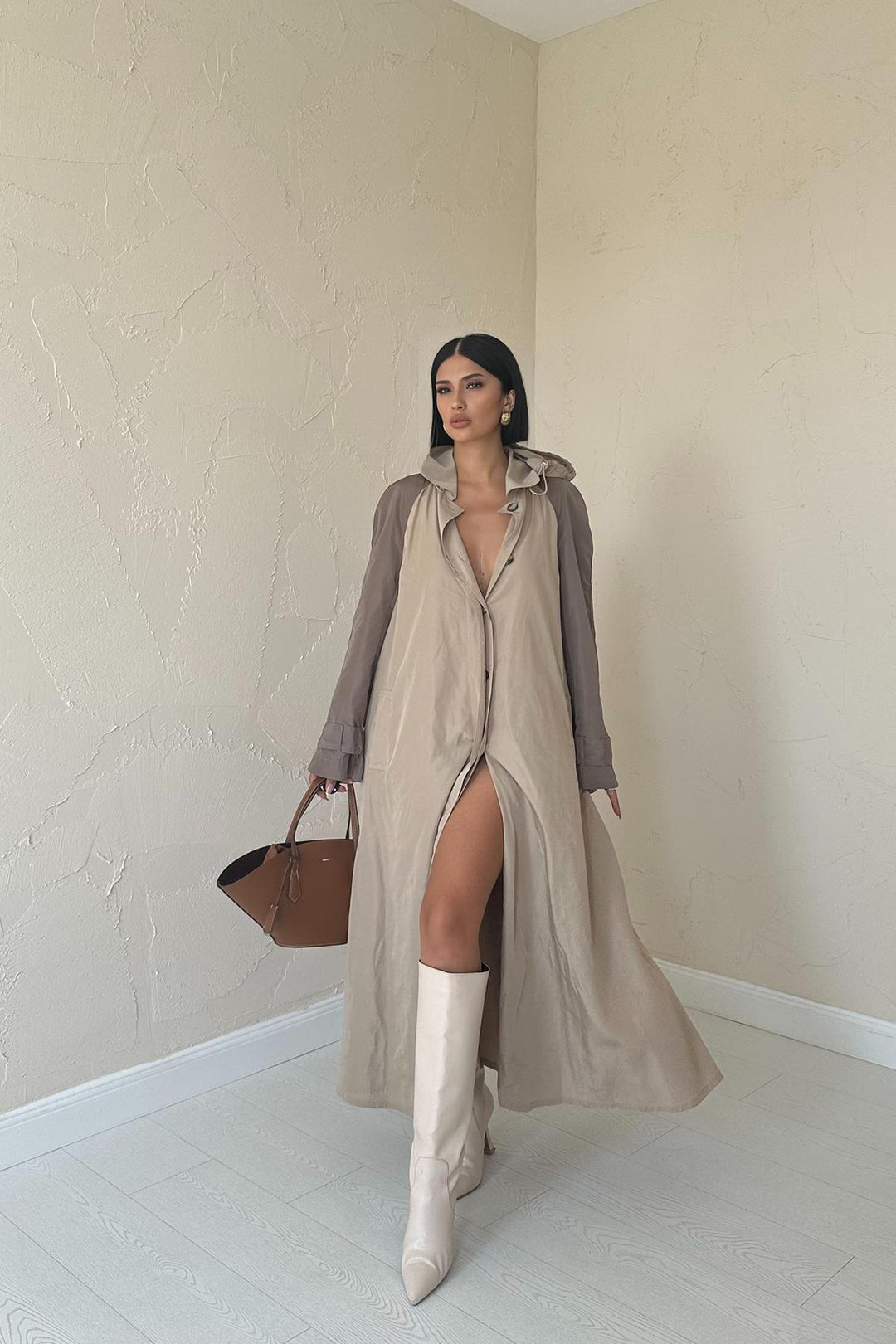 ELS Hooded Long Trench Coat - Tan - Telford