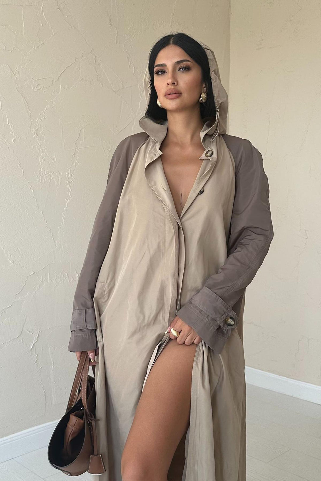 ELS Hooded Long Trench Coat - Tan - Telford