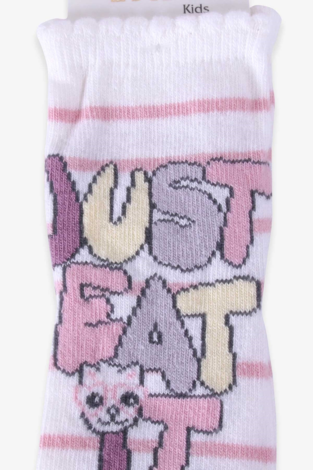 BRE Katamino Girl Child Socks with Gluttonous Cat, 1-2-7-8 Years, Ecru - Diamond Bar