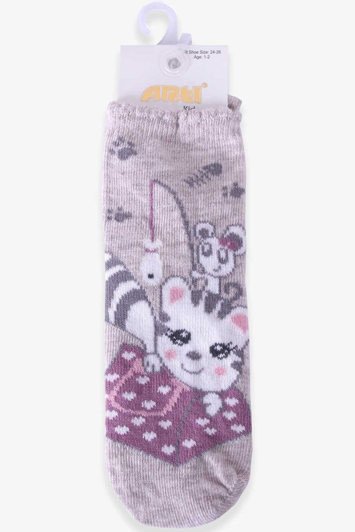 BRE Katamino Girl Child Socks with Gluttonous Cat, 1-2-7-8 Years, Beige - Monreale