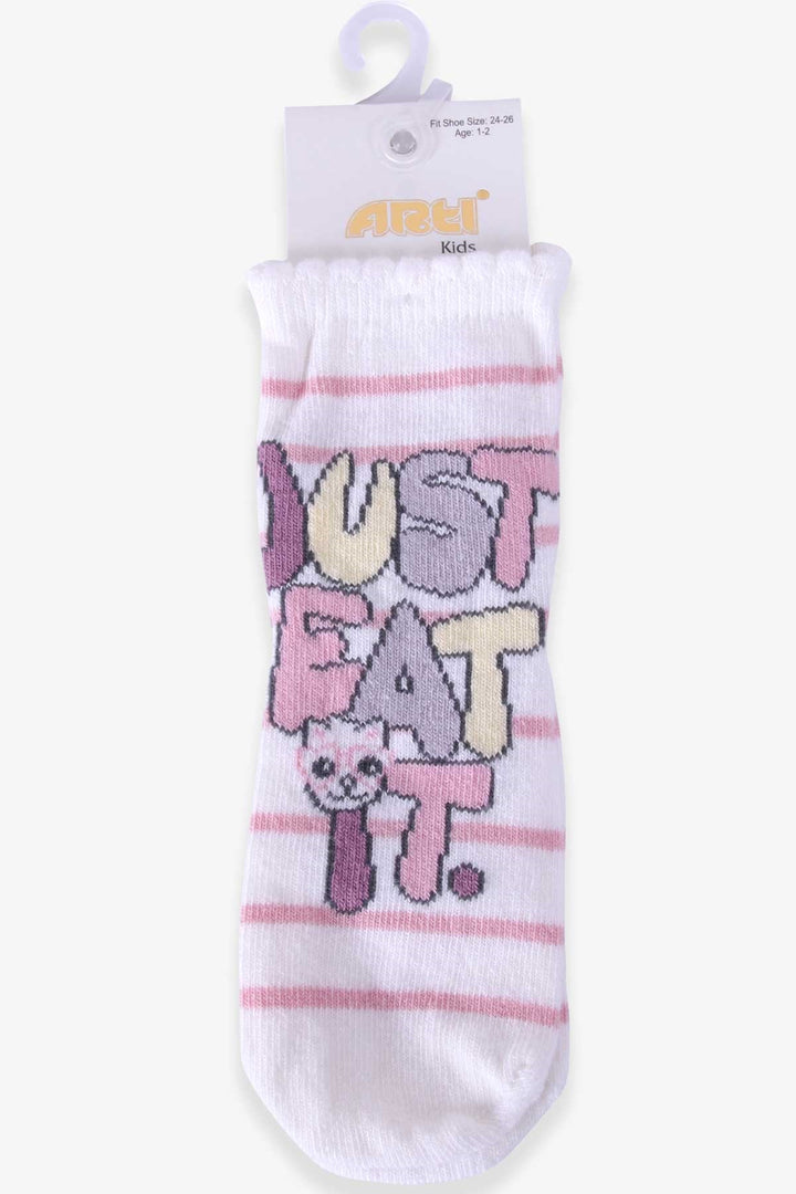 BRE Katamino Girl Child Socks with Gluttonous Cat, 1-2-7-8 Years, Ecru - Diamond Bar