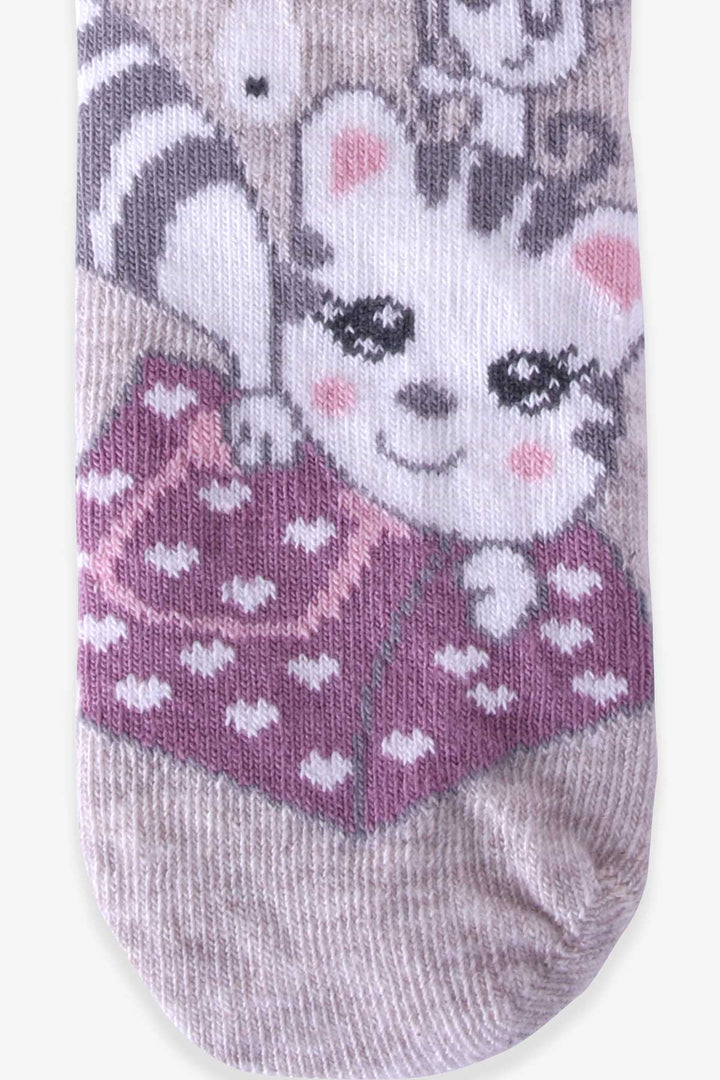 BRE Katamino Girl Child Socks with Gluttonous Cat, 1-2-7-8 Years, Beige - Monreale