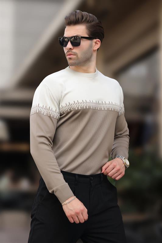 MDX Beige Patterned Two-Color Bicycle Neck Men's Sweater 7276 - Alicante