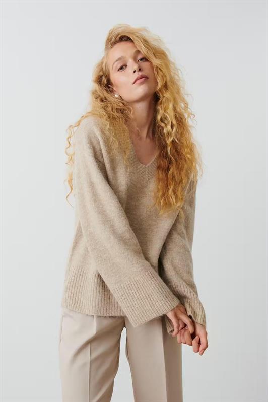 MDX Beige V-Neck Oversized Women's Sweater MG2149 - Ocotlán