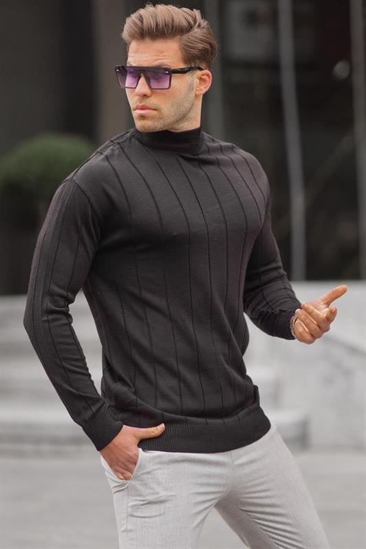 MDX Black Slim Fit Half Fisherman Neck Striped Non-Fluffy Men's Sweater 6344 - Tulcea