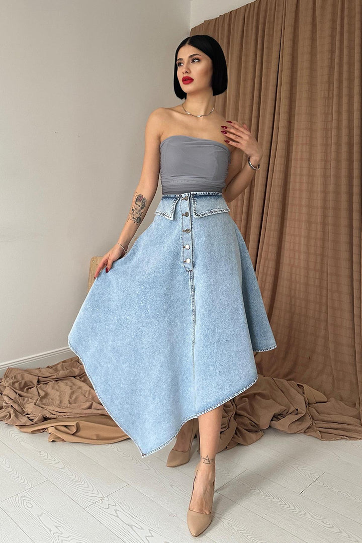 ELS Belted Detailed Denim Skirt - Snow Wash - Burgos