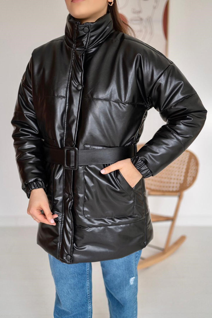 ELS Belted Leather Puffer Jacket - Black - Gardena