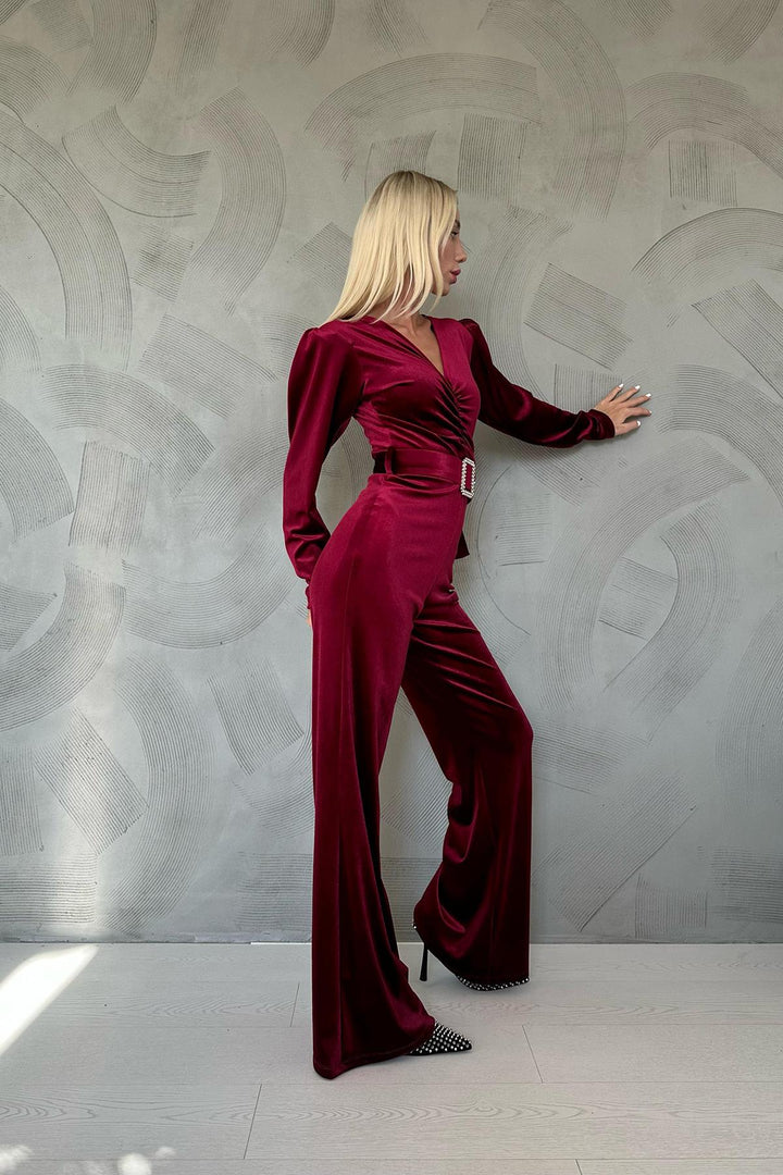 ELS Belted Velvet Jumpsuit - Burgundy - Torre Annunziata