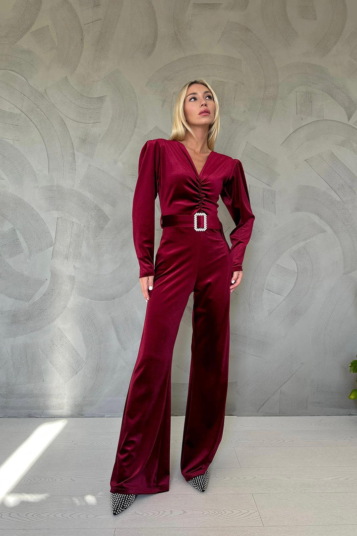 ELS Belted Velvet Jumpsuit - Burgundy - Torre Annunziata