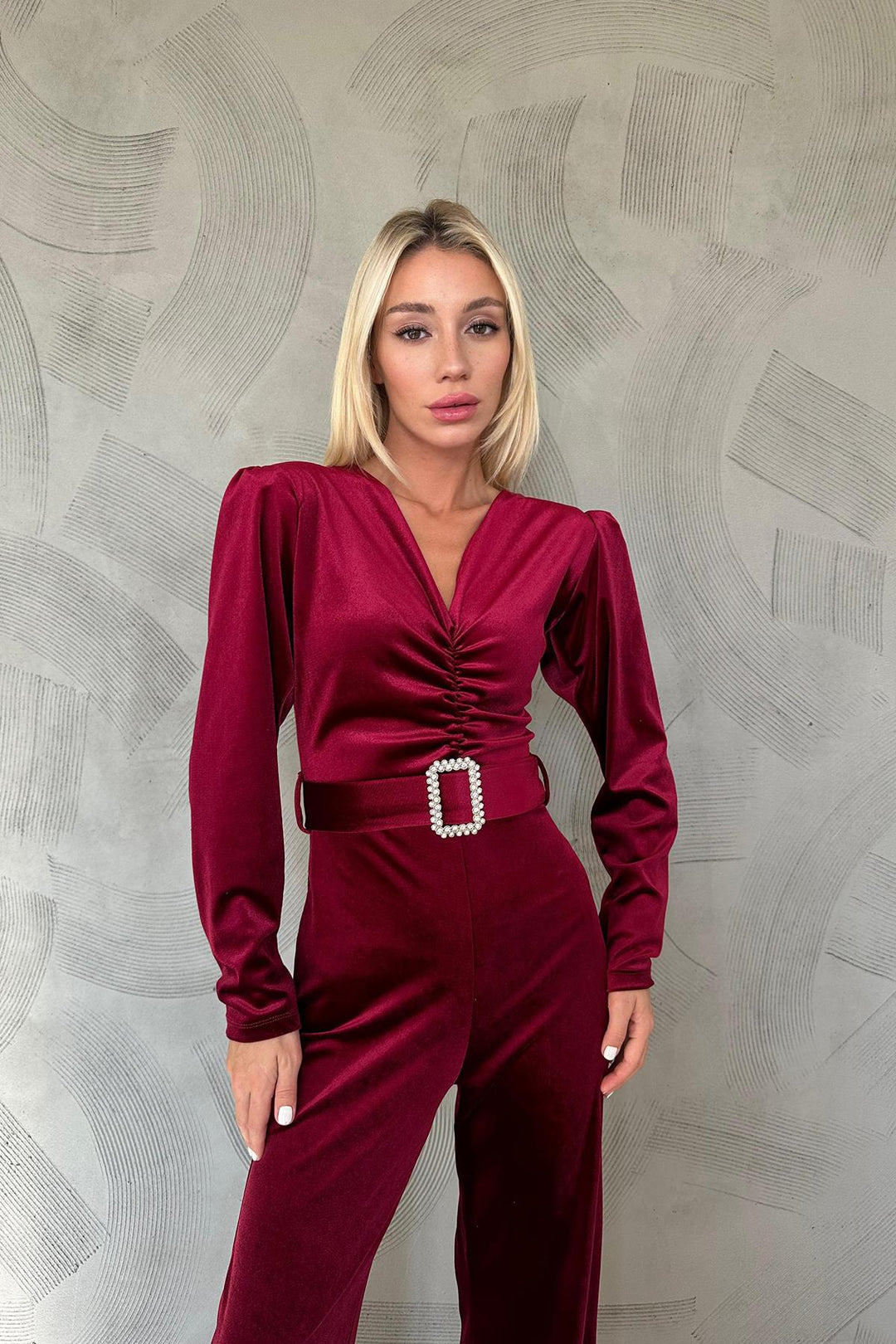 ELS Belted Velvet Jumpsuit - Burgundy - Torre Annunziata