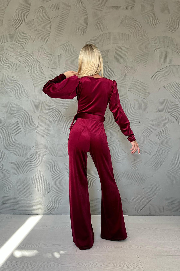 ELS Belted Velvet Jumpsuit - Burgundy - Torre Annunziata