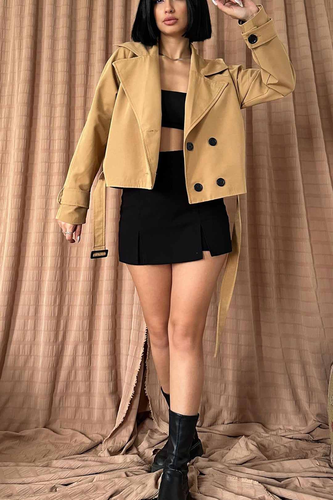 ELS Belted Short Trench Coat - Camel - Cupertino