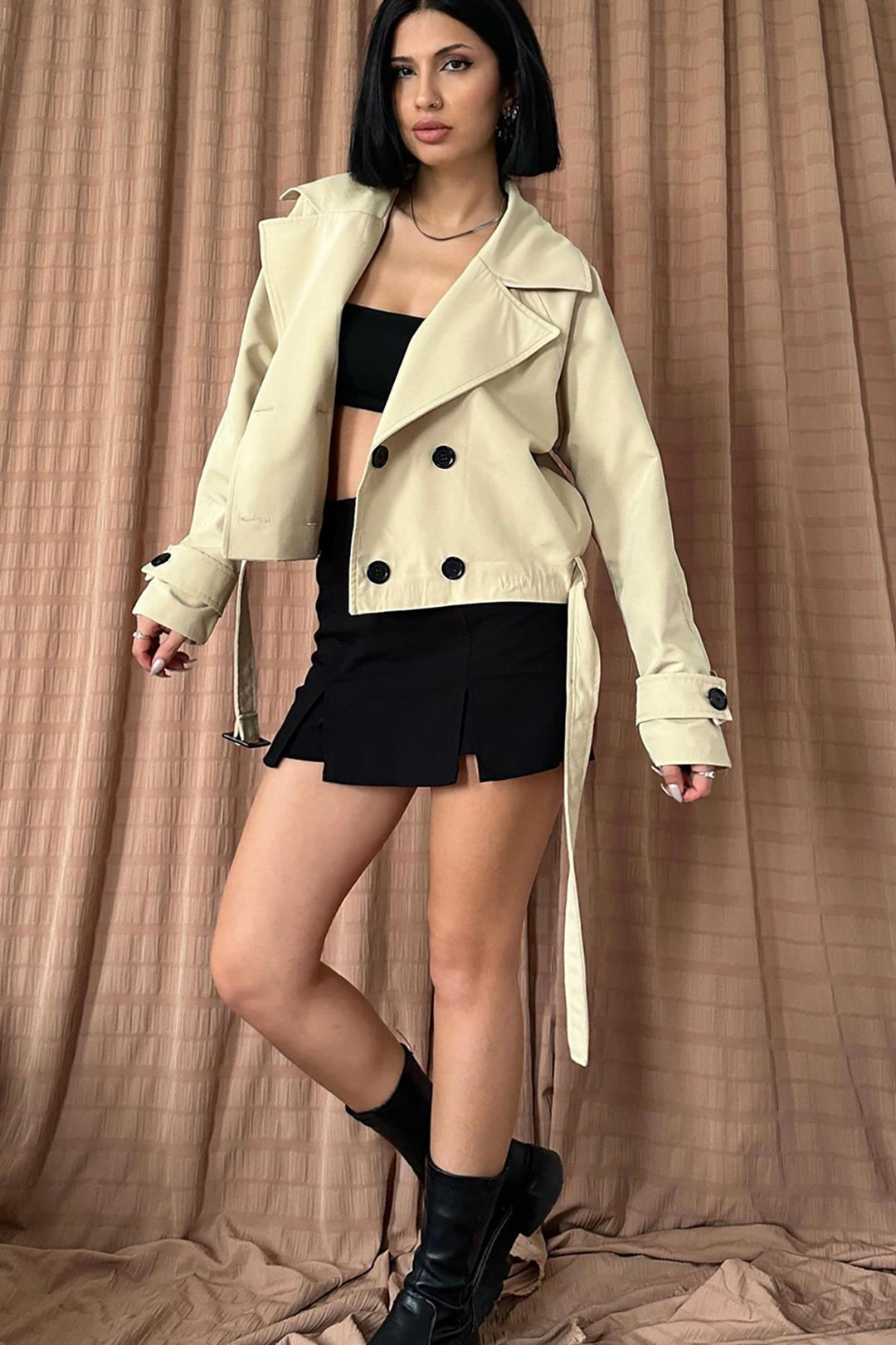 ELS Belted Short Trench Coat - Mink - Nichelino