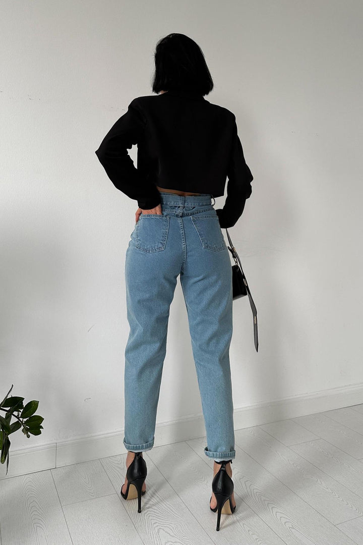 ELS Belted Distressed Mom Jeans Pants - Blue - Rio Tinto