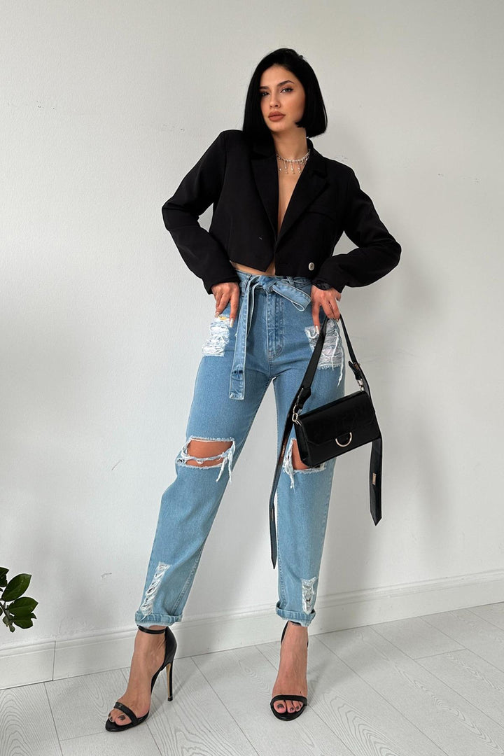 ELS Belted Distressed Mom Jeans Pants - Blue - Rio Tinto