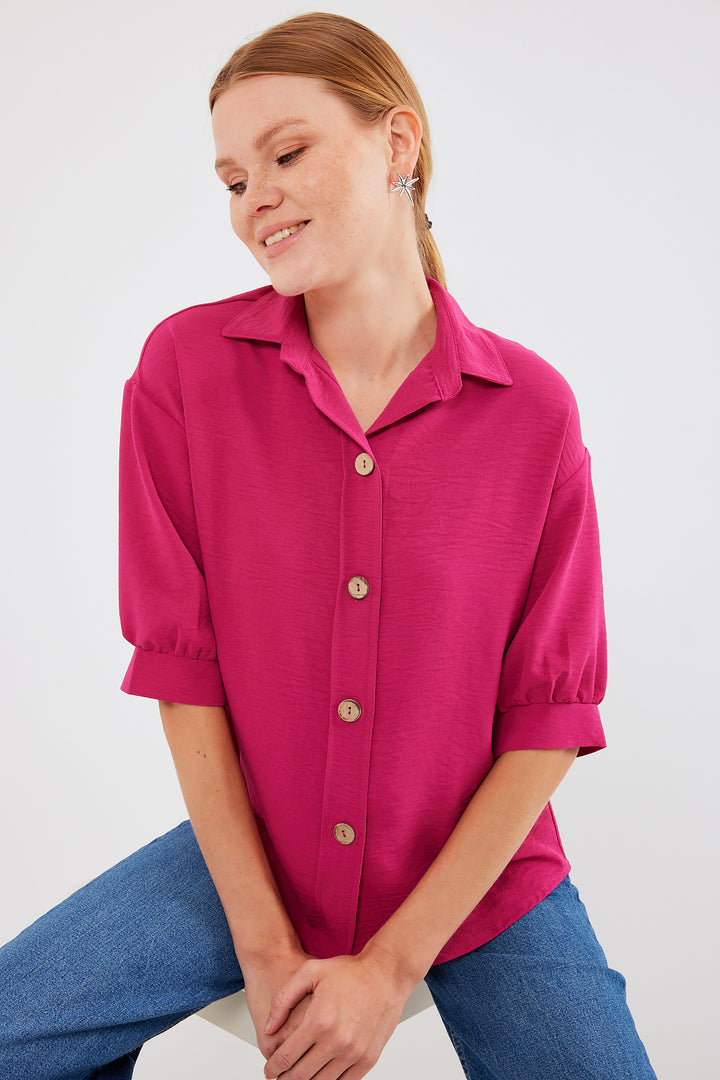 BGD Women Short Sleeve Oversized Linen Shirt 20240 - Fuchsia - Avondale