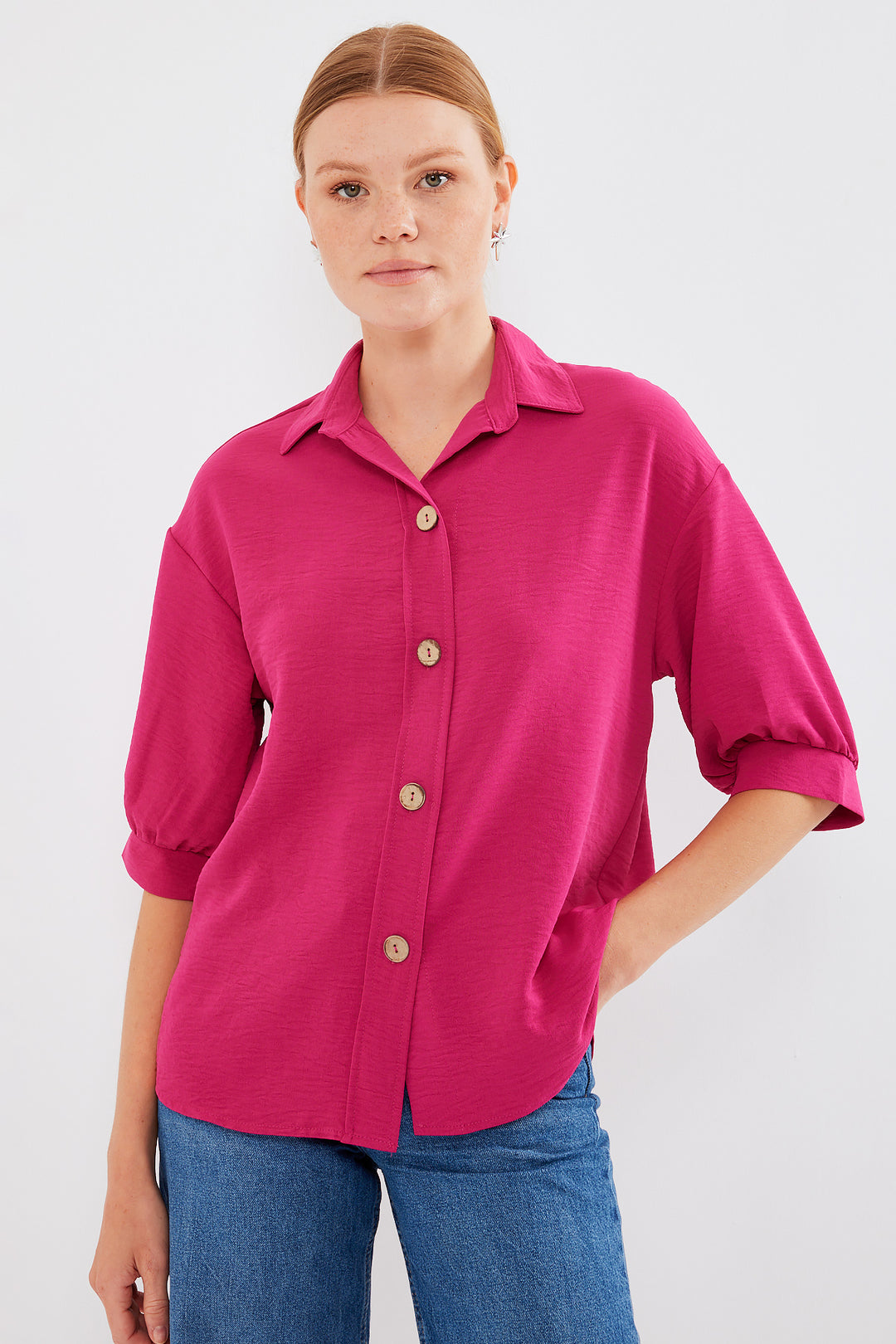 BGD Women Short Sleeve Oversized Linen Shirt 20240 - Fuchsia - Avondale