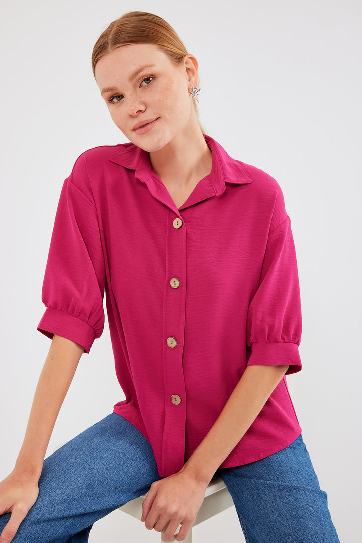 BGD Women Short Sleeve Oversized Linen Shirt 20240 - Fuchsia - Avondale