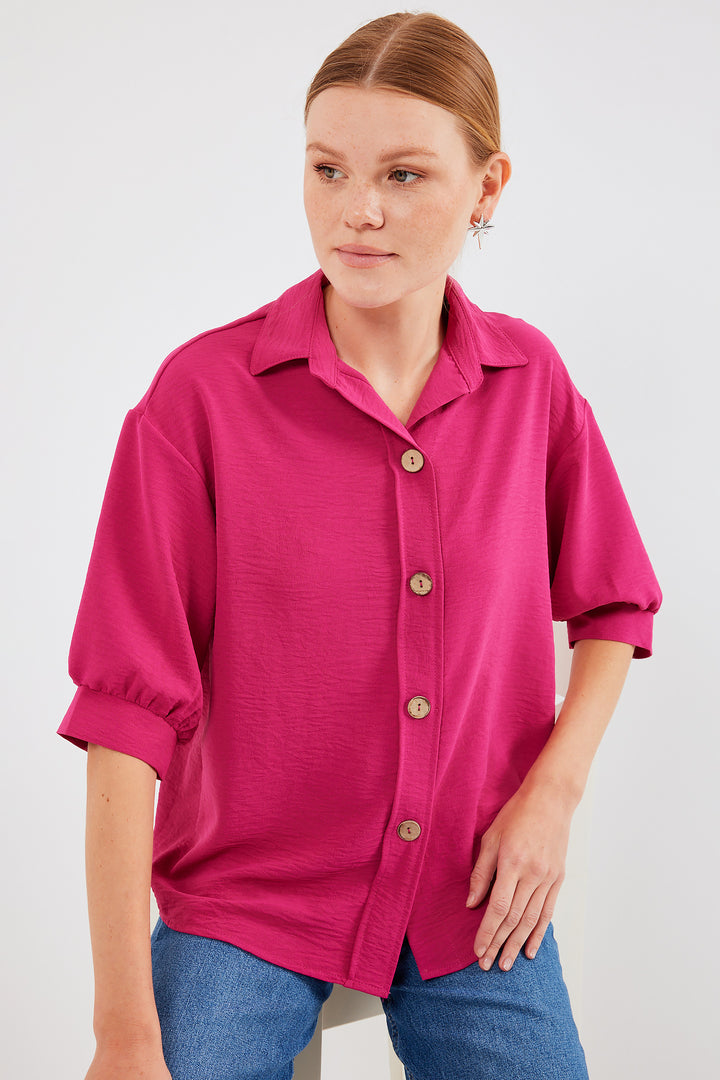 BGD Women Short Sleeve Oversized Linen Shirt 20240 - Fuchsia - Avondale