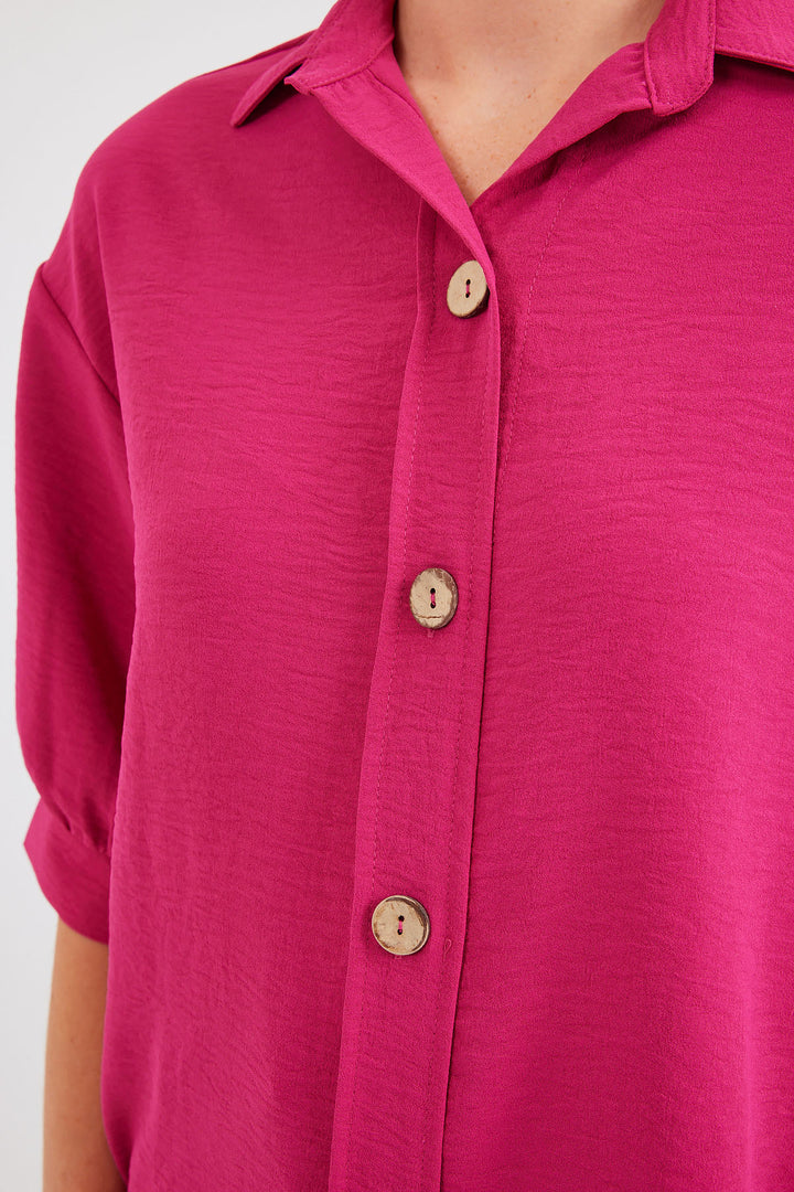 BGD Women Short Sleeve Oversized Linen Shirt 20240 - Fuchsia - Avondale