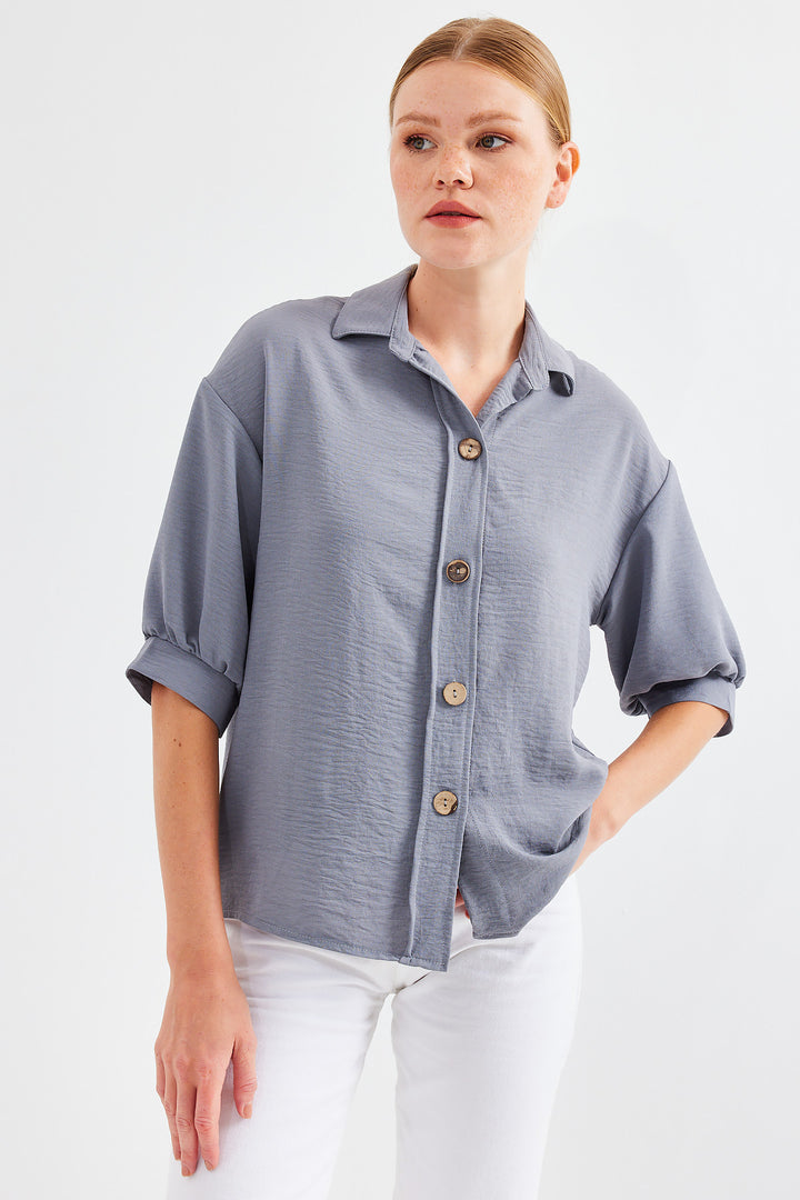 BGD Women Short Sleeve Oversized Linen Shirt 20240 - Gray - Avondale