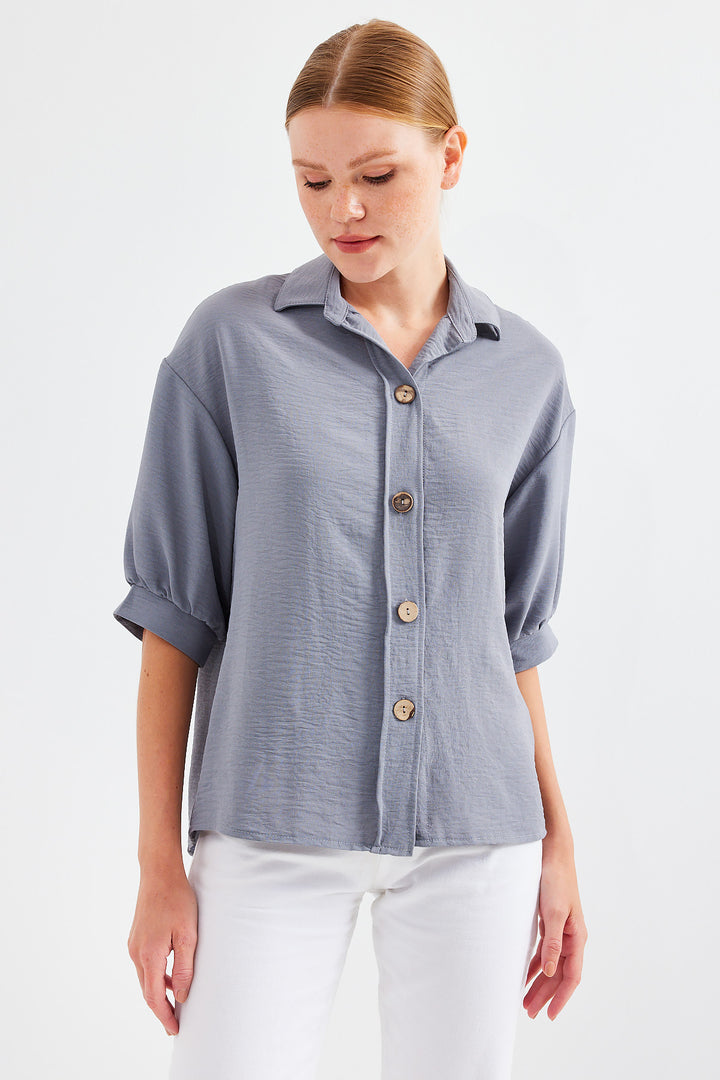 BGD Women Short Sleeve Oversized Linen Shirt 20240 - Gray - Avondale