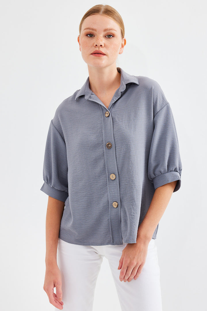 BGD Women Short Sleeve Oversized Linen Shirt 20240 - Gray - Avondale