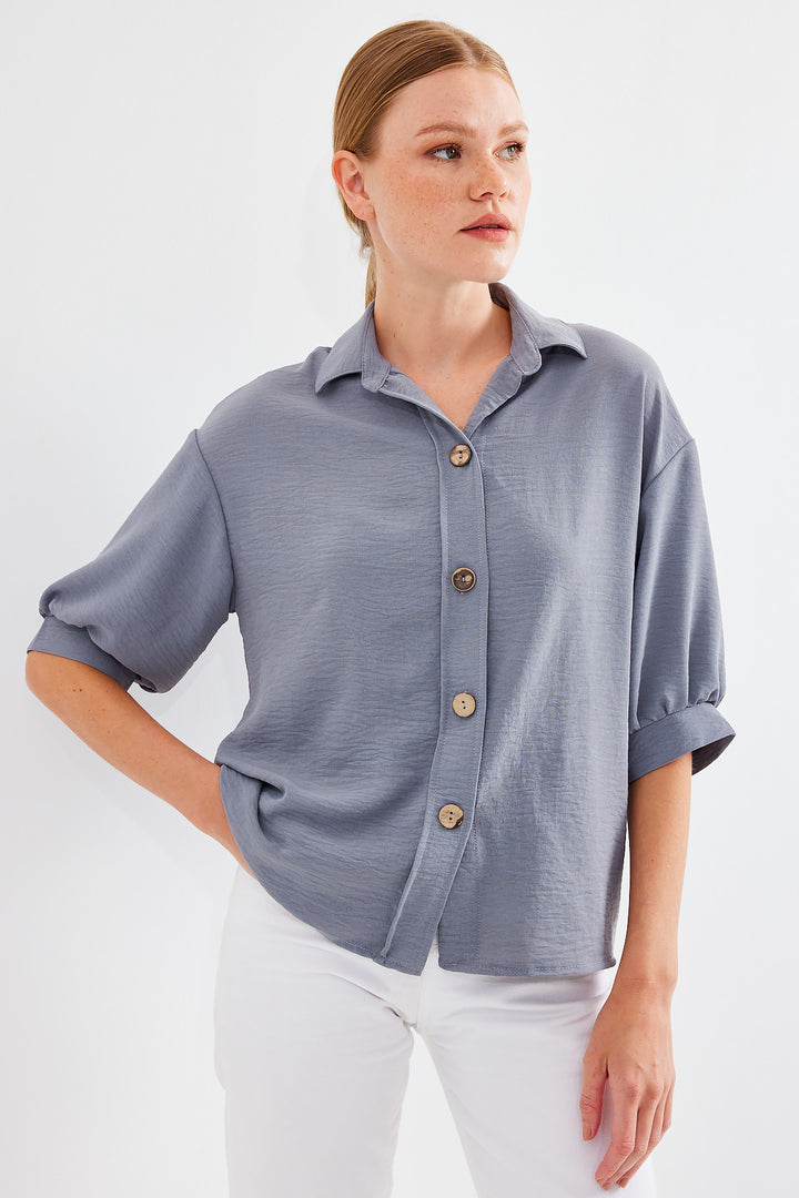 BGD Women Short Sleeve Oversized Linen Shirt 20240 - Gray - Avondale