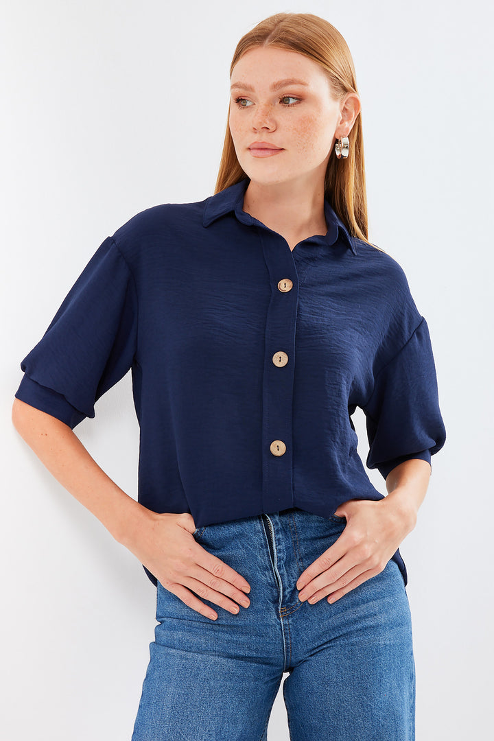 BGD Women Short Sleeve Oversize Linen Shirt 20240 - Navy Blue - Avondale