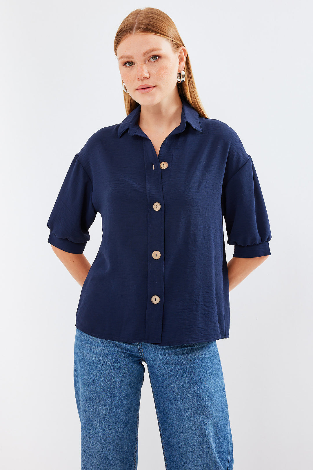 BGD Women Short Sleeve Oversize Linen Shirt 20240 - Navy Blue - Avondale